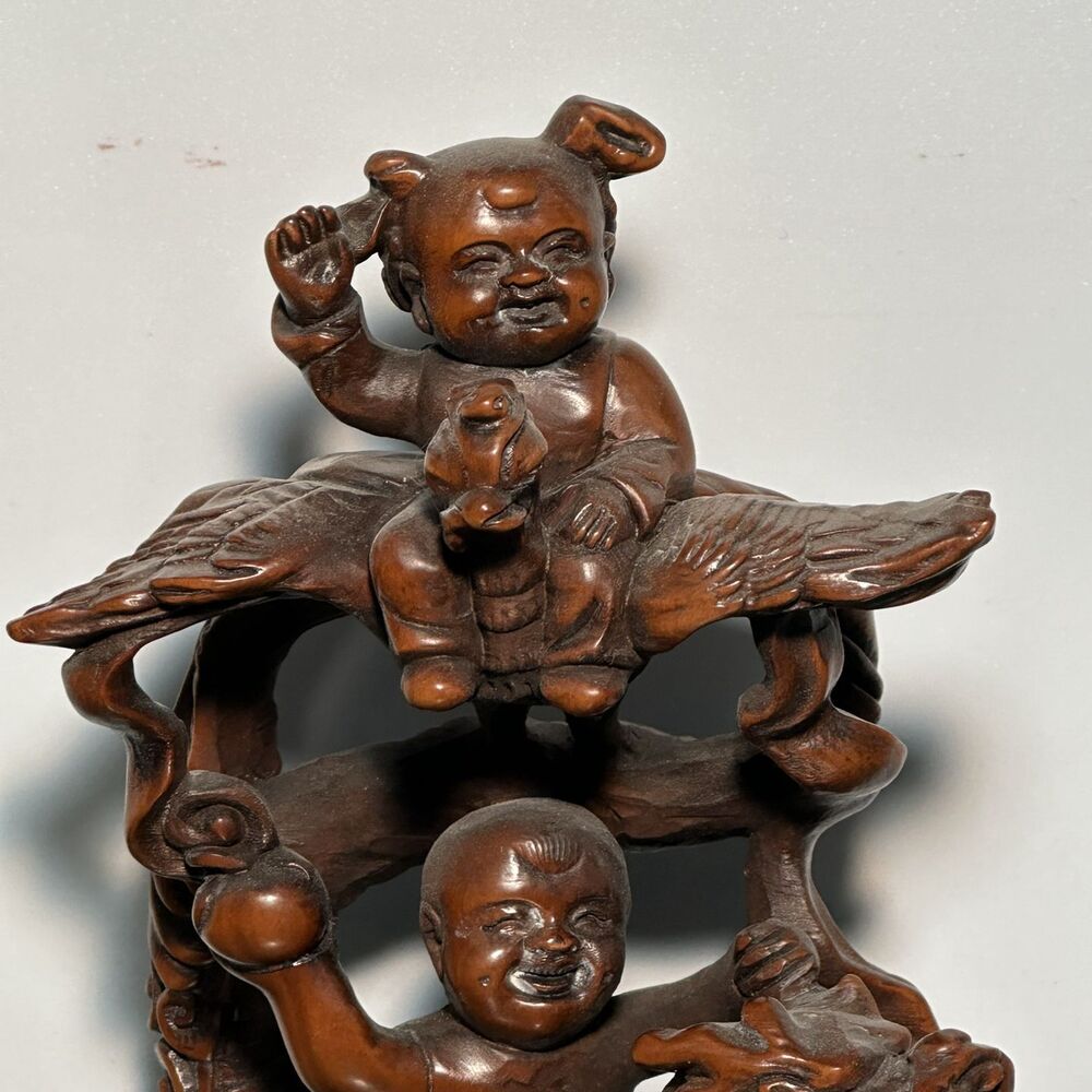 Chinese Boxwood Carving Dragon Phoenix Children Statue Figurine Home Decor Art