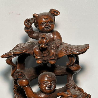 Chinese Boxwood Carving Dragon Phoenix Children Statue Figurine Home Decor Art