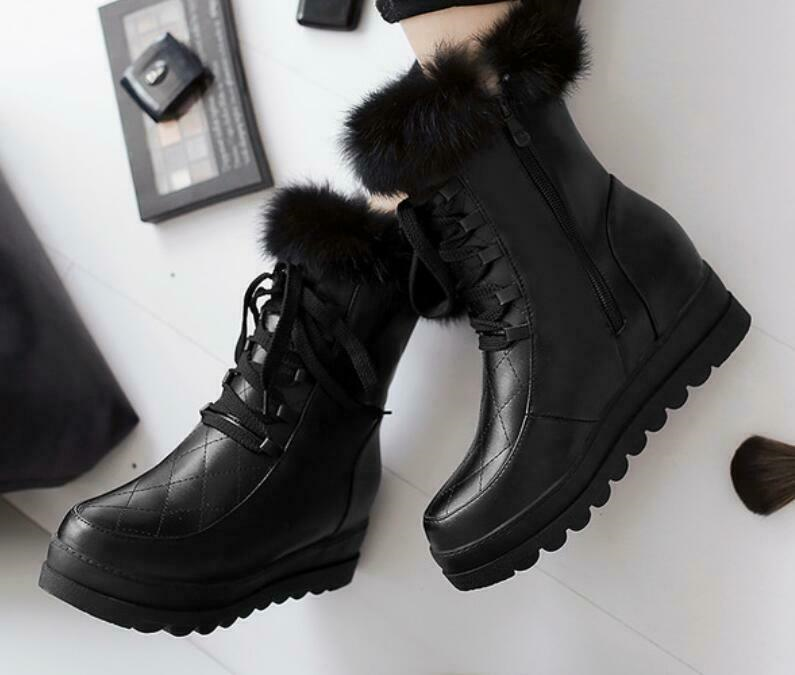 Winter Womens Warm Fur Lace Up High Wedge Inside Platform Ankle Snow Boots Shoes