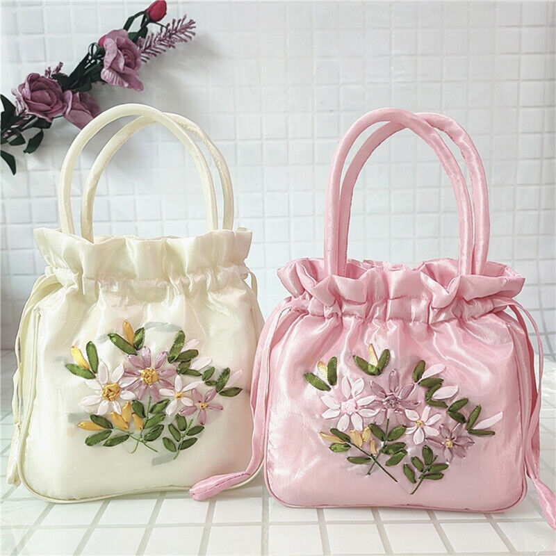 Women Ethnic Embroidered Floral Satin Handbag Girls Drawstring Tote Hanfu Bag