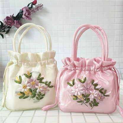 Women Ethnic Embroidered Floral Satin Handbag Girls Drawstring Tote Hanfu Bag