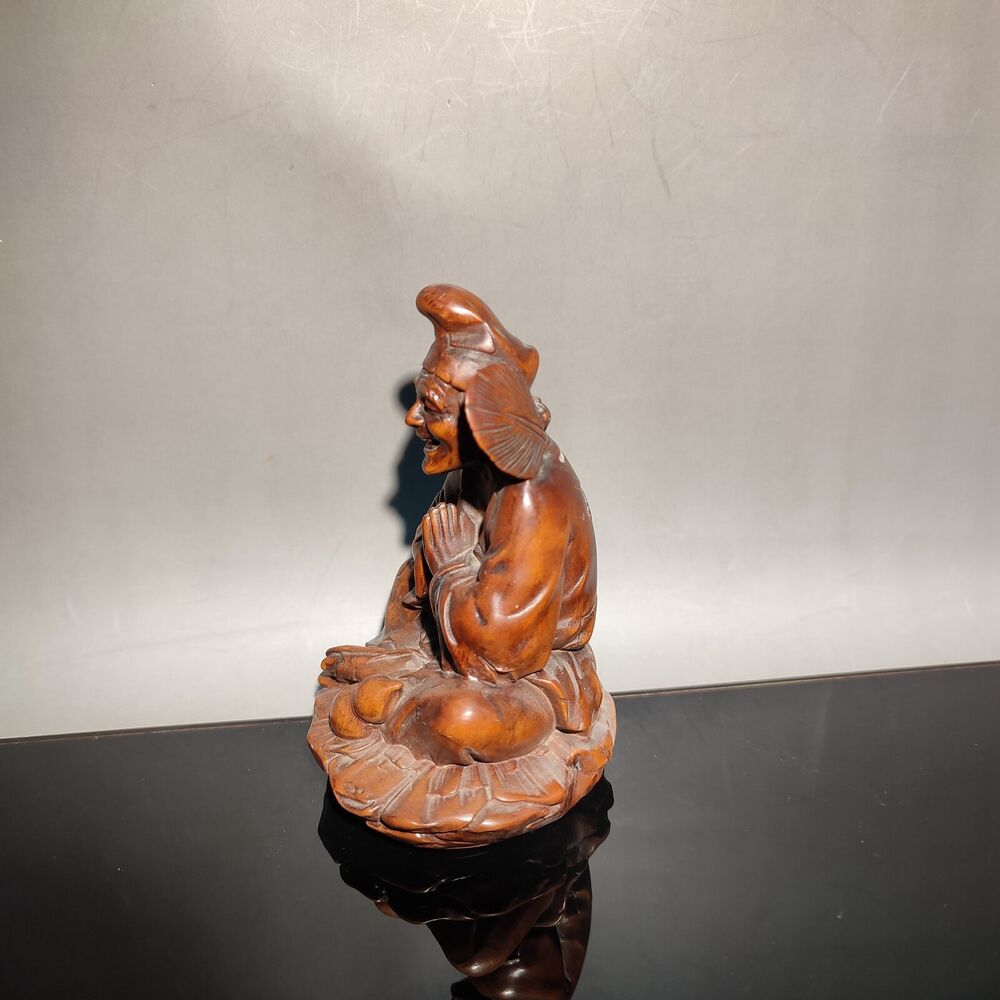 Nice wooden buddha statue boxwood carving happy monk antique figures home decor