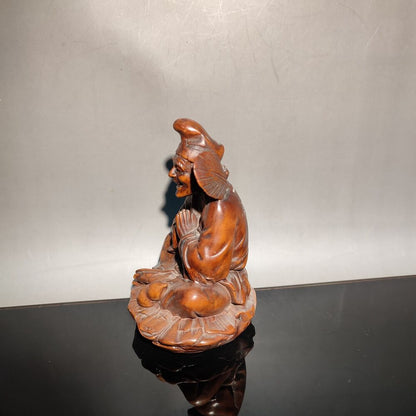 Nice wooden buddha statue boxwood carving happy monk antique figures home decor
