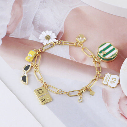 Kate Spade Enamel Glaze Daisy Car Handbag Glasses Pendant Charm Fashion Bracelet