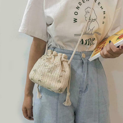 Shoulder Bags Women Drawstring Straw Bags Embroidery Bags Crossbody Handbags