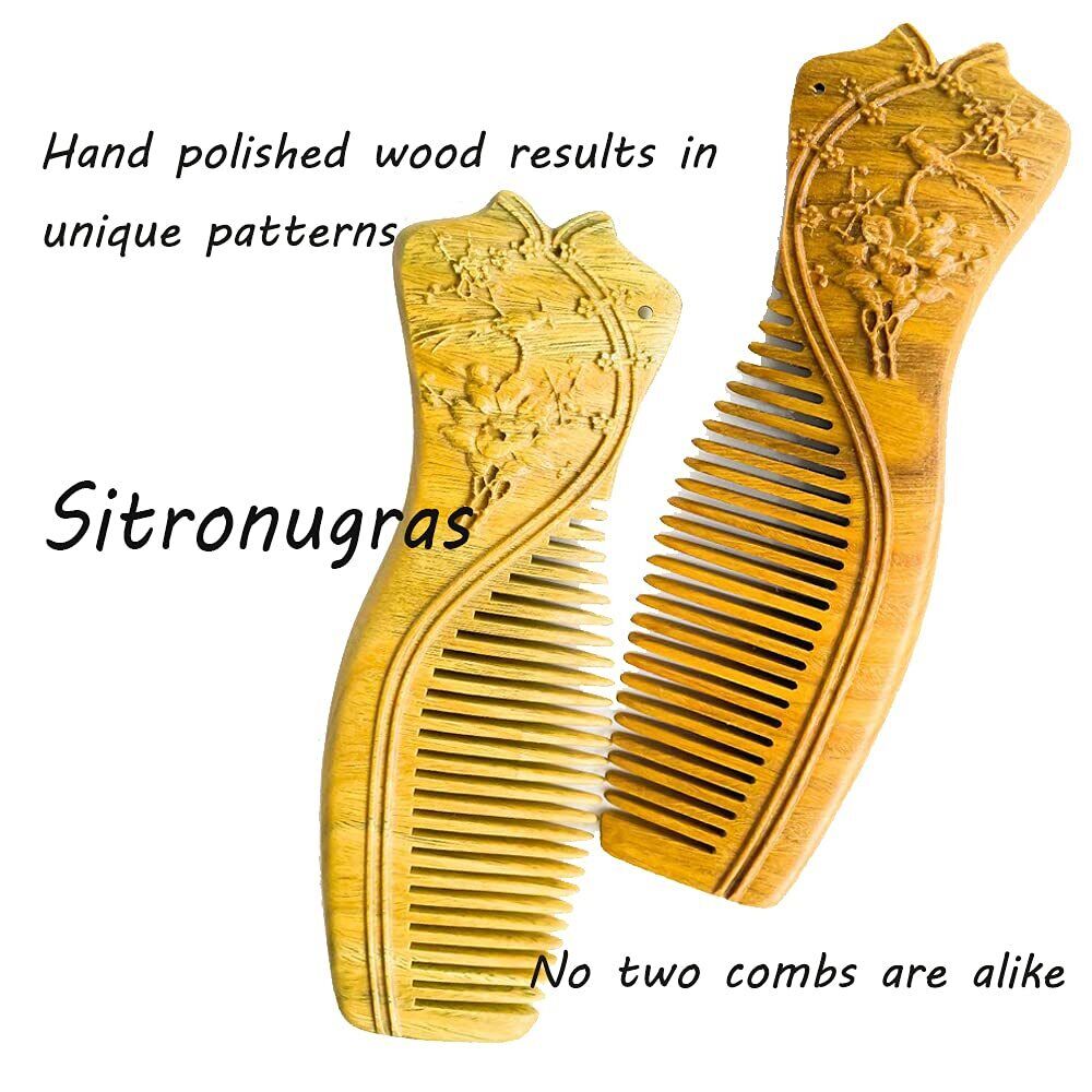 Handmade Carved Green Sandalwood Hair Comb Anti-Static No Snag Gift for Women