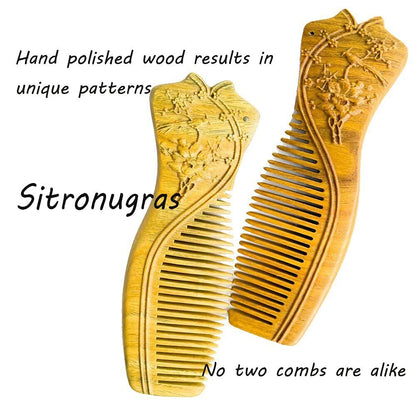 Handmade Carved Green Sandalwood Hair Comb Anti-Static No Snag Gift for Women