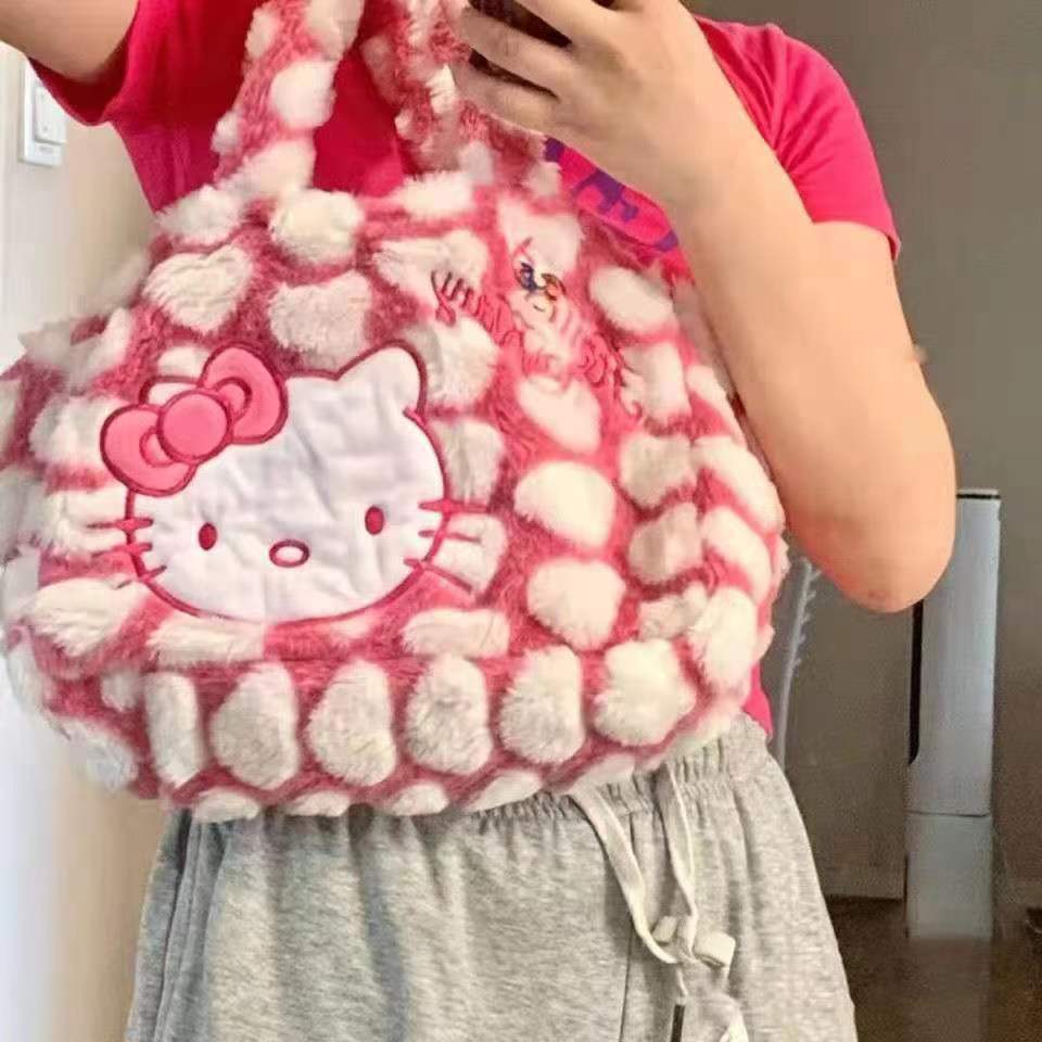 Women Plush Handbag Pink Hello Kitty Shoulder Bag Students Tote Bag Shopping