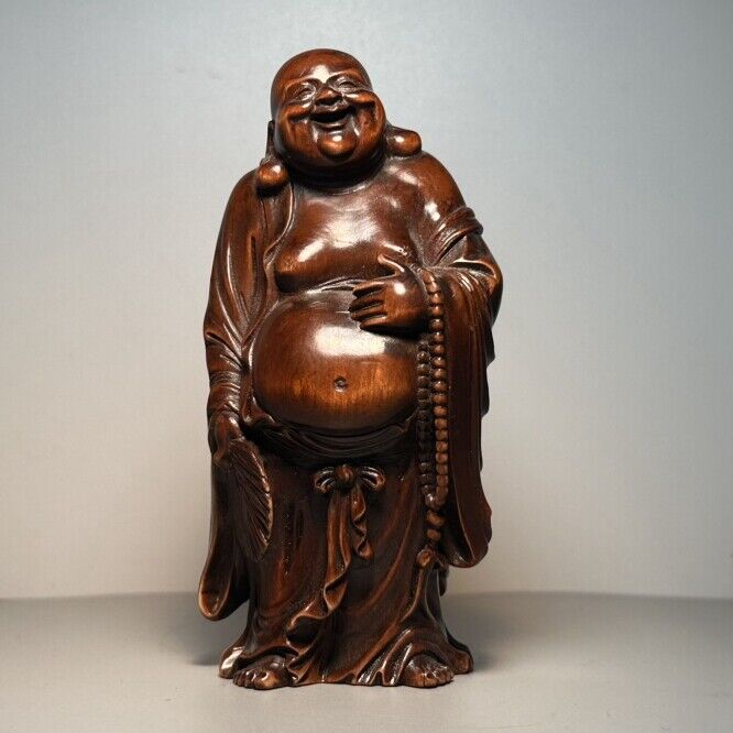 Vintage Chinese Boxwood Carving Laughing Buddha Statue Ornaments Wooden Figurine
