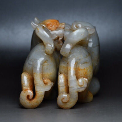 Chinese Antique Hetian Jade Carving Exquisite A Pair Lion Statue Sculpture Rare