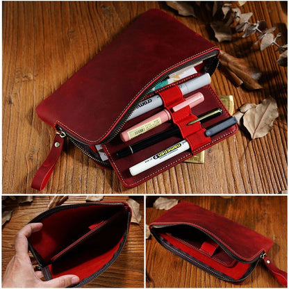 Handmade Cowhide Leather Fountain Pen Case, Pencil Case Stationery Storage Bag