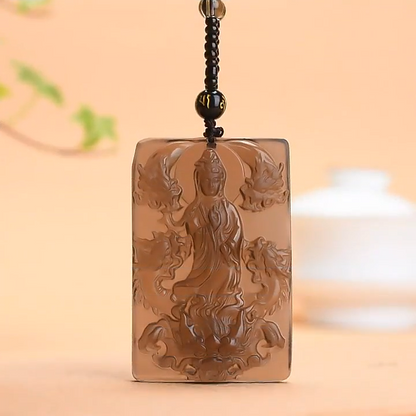 Natural Ice Obsidian Dragon Riding Guanyin Pendant with Necklace Pendant