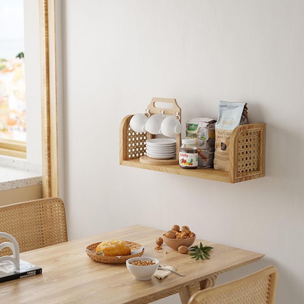 Rattan Floating Wall Shelf Hanging Book Shelves Bedroom Bathroom Decoration