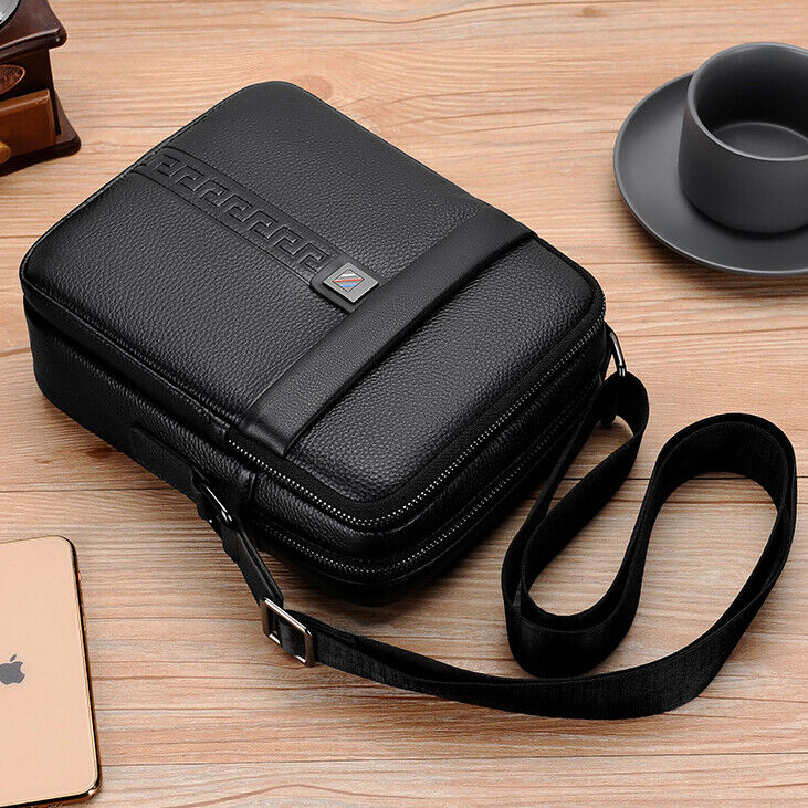 100% Genuine Leather Men's Double Zipper Sling Shoulder Messenger Bag Crossbody