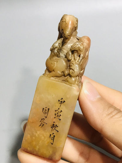 Chinese Shoushan Stone Carving Exquisite Sheep Seal Statue Collectible Art Gift