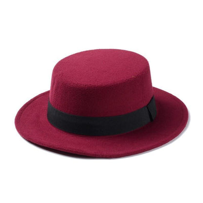 Flat Top Hat Wool Pork Pie Boater Fashion for Men Women Wide Brim Gambler Hat