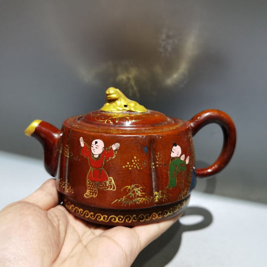 vintage china yixing purple clay teapot zisha ceremony painted children teaware