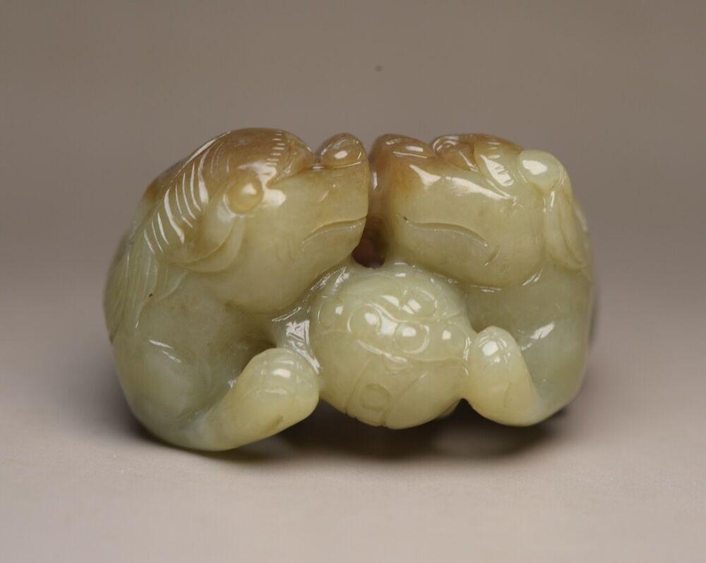 Chinese Antique Hetian Jade Carved Exquisite Lion 事事如意Statue Lucky Pair Figurine