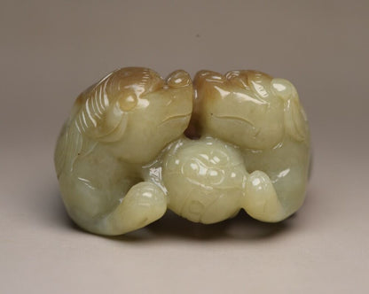 Chinese Antique Hetian Jade Carved Exquisite Lion 事事如意Statue Lucky Pair Figurine