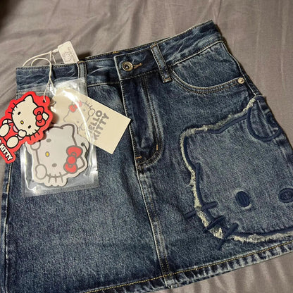 Japanese retro cute girlHello Kitty embroidered denim skirt casual street skirt