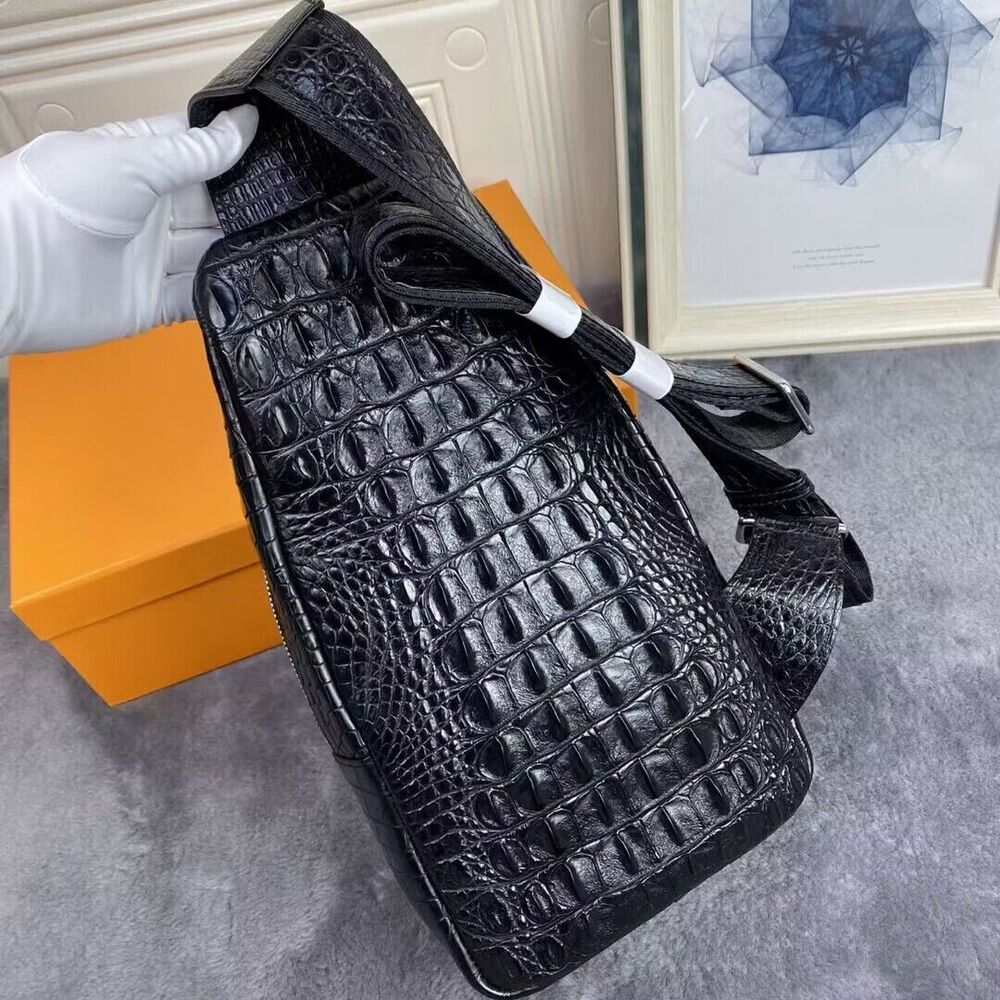 Original Crocodile Skin Leather Crossbody Bag, Men's Luxury Black Sling Backpack
