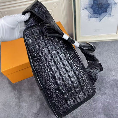Original Crocodile Skin Leather Crossbody Bag, Men's Luxury Black Sling Backpack