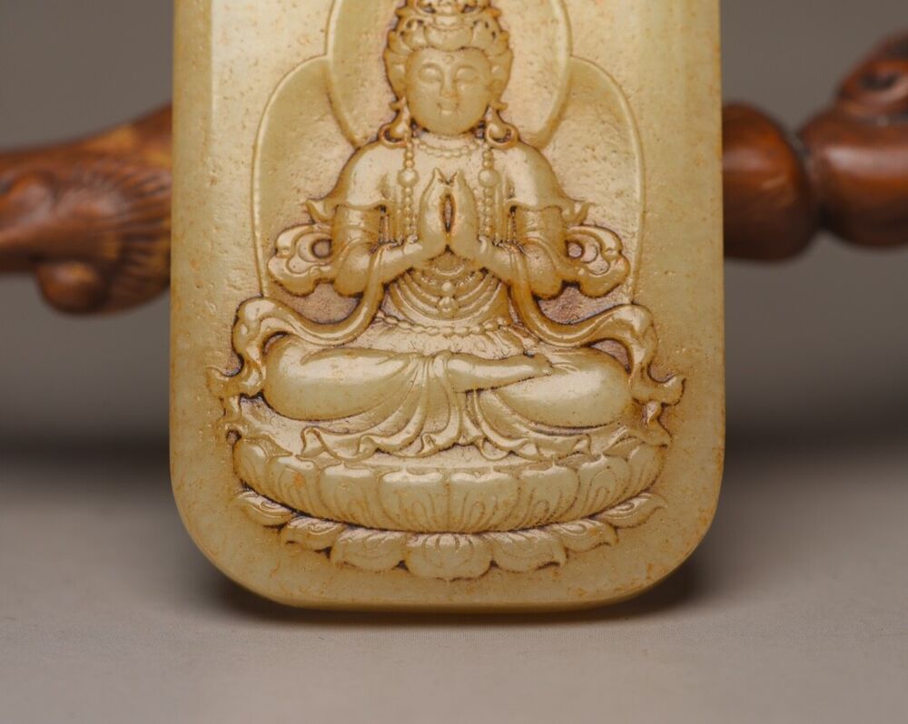 Chinese Old Natural Hetian Jade Hand Carved Kwan Yin Statue Lucky Jade Pendant