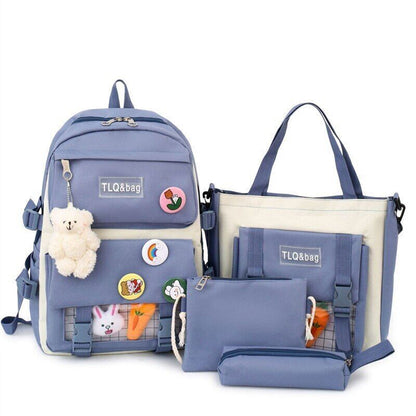 4 Pcs Sets Women Bag Women Backpack Book Bags Female with Plush Pendant