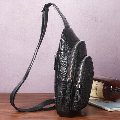 Men's Sling Backpack,100% Genuine Leather Crocodile Luxury Crossbody Bag Daypack