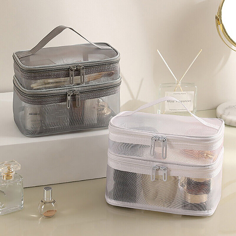 Clear Mesh Double Layer Portable Large Case Cosmetic Storage Bag Pouch Case