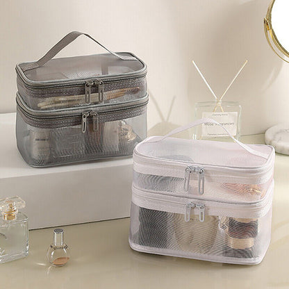Clear Mesh Double Layer Portable Large Case Cosmetic Storage Bag Pouch Case