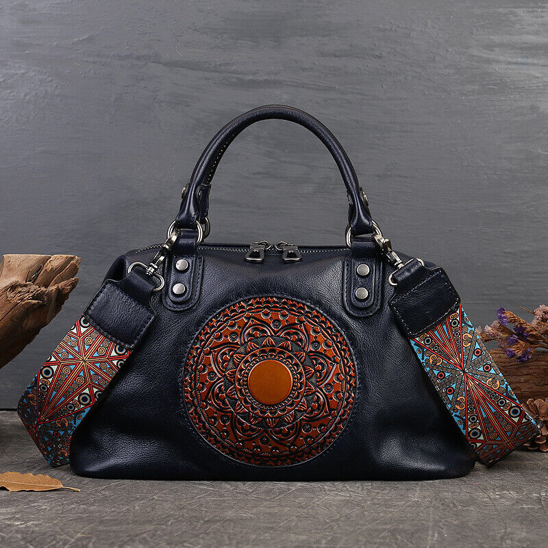 Genuine Leather Womens Bag Retro Handbag Floral Embossed Sling Shoulder Bag