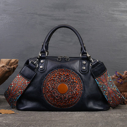 Genuine Leather Womens Bag Retro Handbag Floral Embossed Sling Shoulder Bag