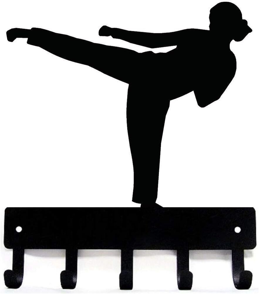 Karate Kick Female Sport - Key Hooks Holder - 6 inch/9 inch Wide Metal Wall Art