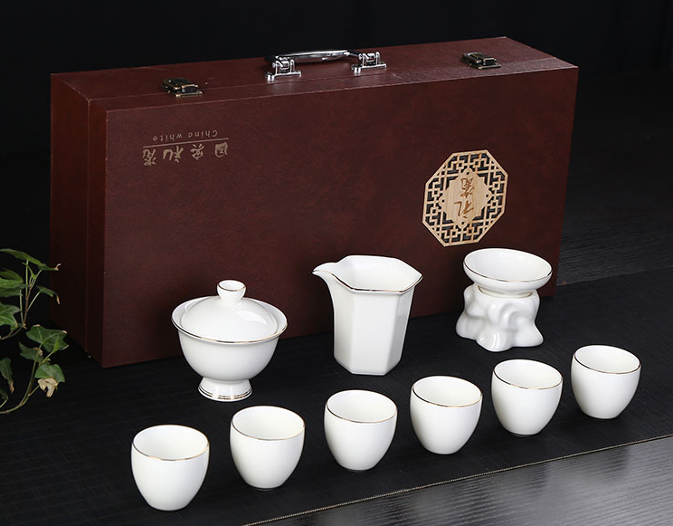 Hand covered bowl tea cup pure white fat jade porcelain gift box set