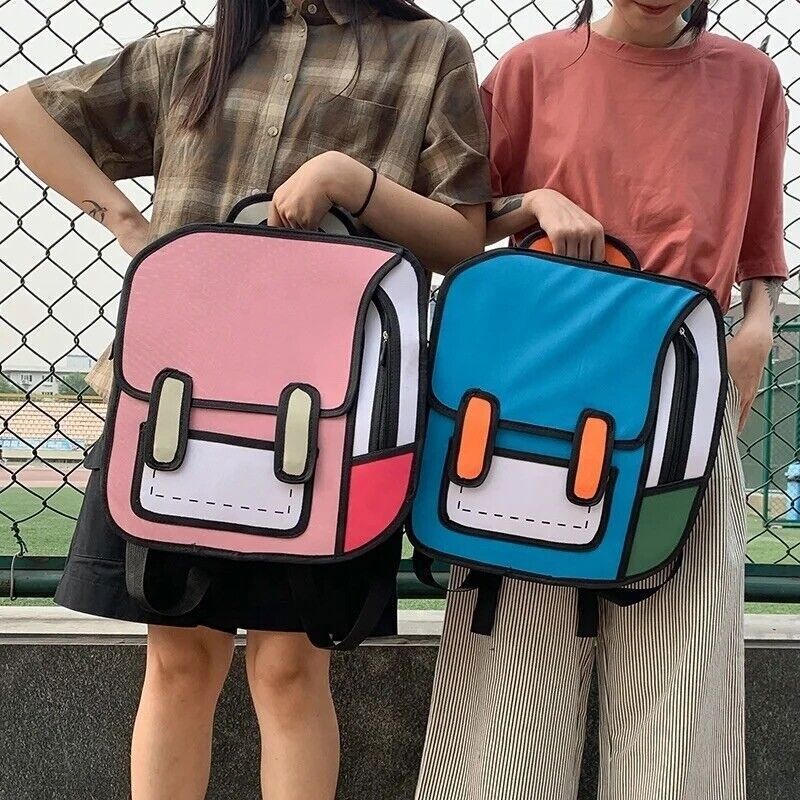 New 3D Jump Style 2D Drawing Cartoon Paper Bag Comic Backpack Messenger Bookbag