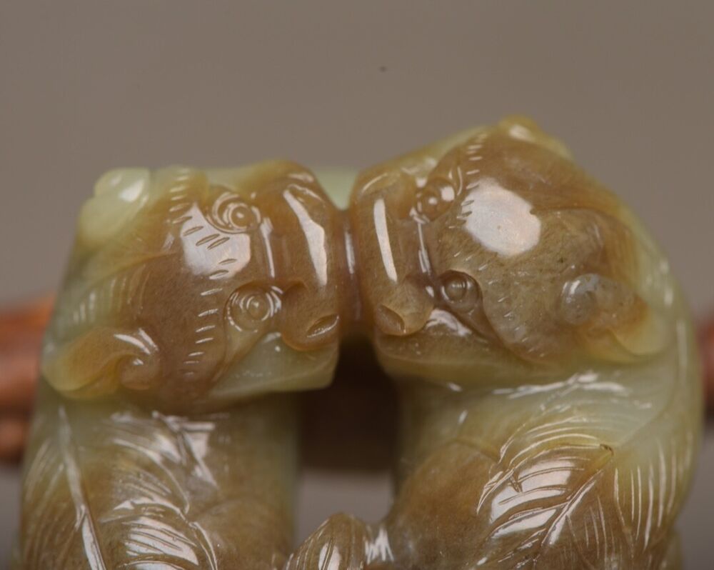 Chinese Antique Hetian Jade Carved Exquisite Lion 事事如意Statue Lucky Pair Figurine
