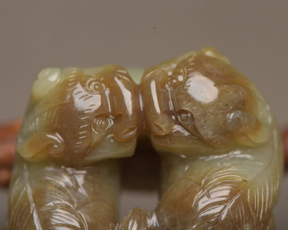 Chinese Antique Hetian Jade Carved Exquisite Lion 事事如意Statue Lucky Pair Figurine
