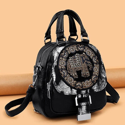 Women's Leather Black Backpack, New Desinger Embroidery Stamping Shoulder Bags
