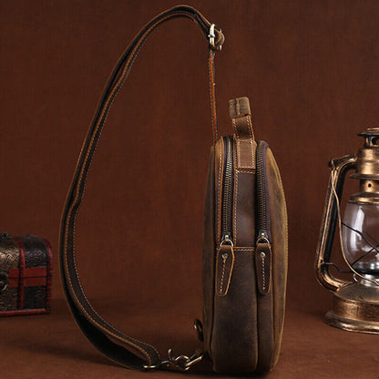 Mens Coffee Vintage Crossbody Bag Cowhide Crazy Horse Leather Sling Shoulder Bag