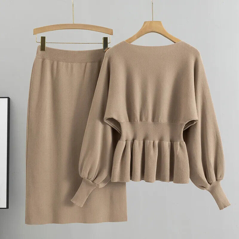 2 Two Piece Set Women Lantern Long Sleeves Crop Tops Sweater Sexy Skirts Sets
