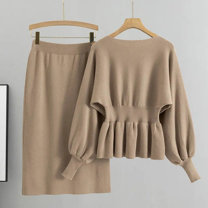 2 Two Piece Set Women Lantern Long Sleeves Crop Tops Sweater Sexy Skirts Sets
