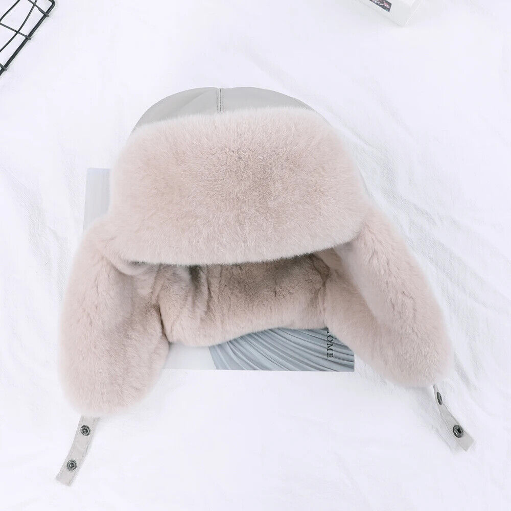 Women Winter Hat 100% Real Rabbit Fur Russian Winter Thick Warm Ears Bomber Caps