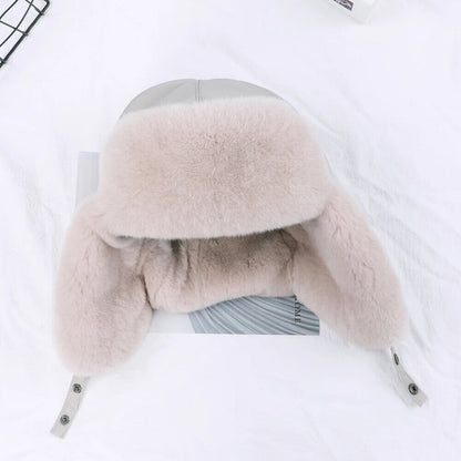 Women Winter Hat 100% Real Rabbit Fur Russian Winter Thick Warm Ears Bomber Caps