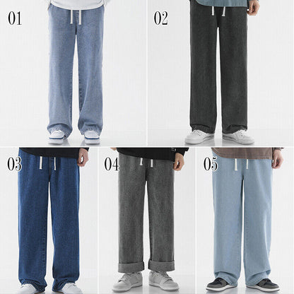 Mens Loose Wide Leg Denim Pants Drawstring Jeans Elastic Waist Baggy Trousers