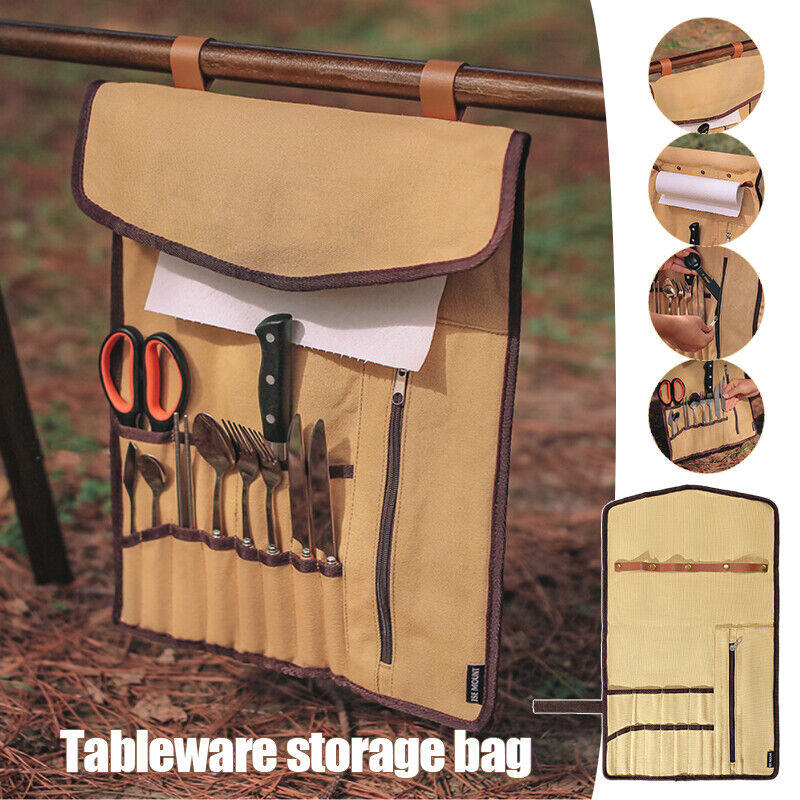 Outdoor Tableware Storage Bag Hanging Roll Bags Camping Picnic Kitchen Canvas