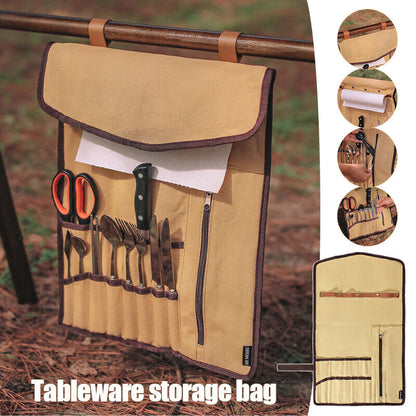 Outdoor Tableware Storage Bag Hanging Roll Bags Camping Picnic Kitchen Canvas