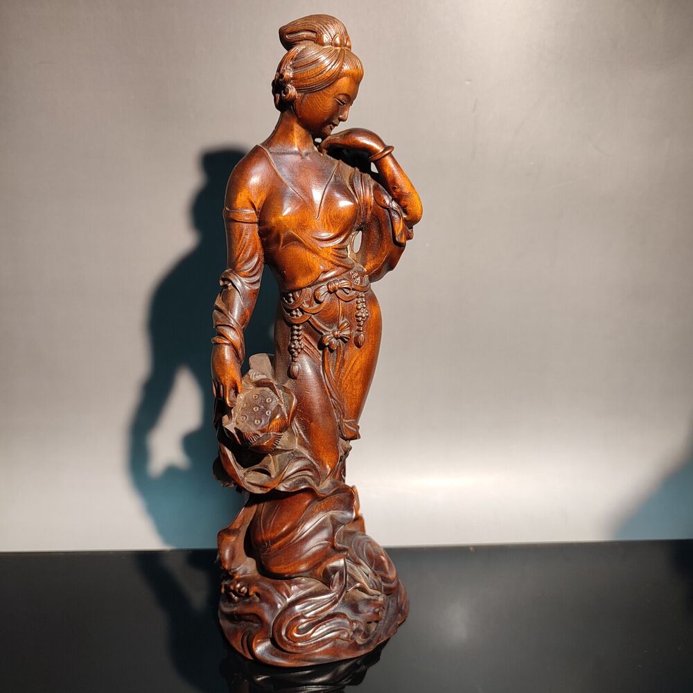 7" beautiful fairy pretty woman figurine sexy wood decor statue carving Buddhism