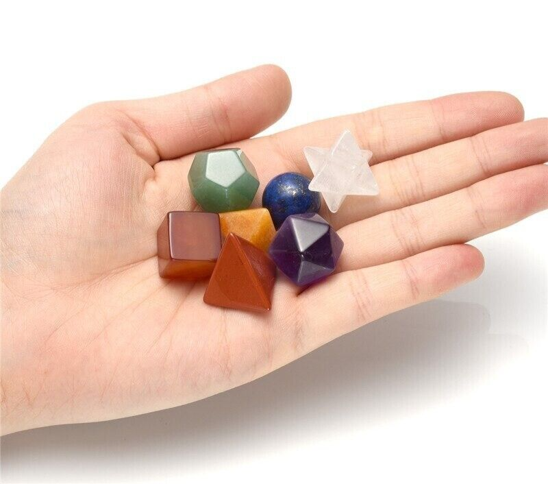 7 Chakra Crystals Platonic Energy Gemstones Reiki Healing W/ Black Obsidian Base