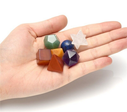 7 Chakra Crystals Platonic Energy Gemstones Reiki Healing W/ Black Obsidian Base